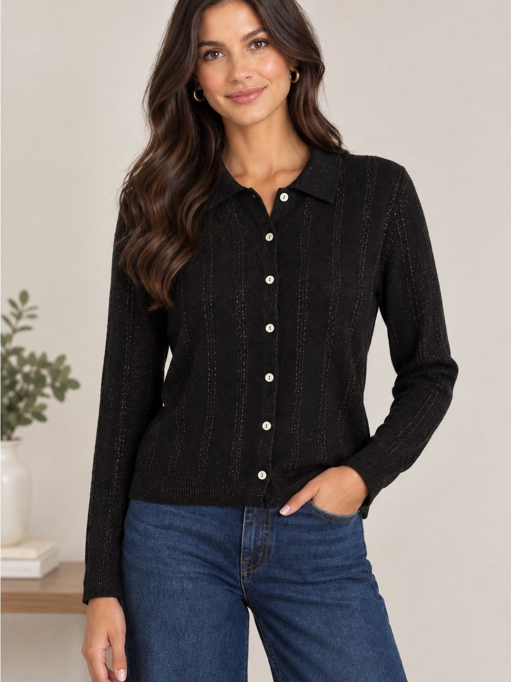 Amanda Smith Black Button-Front Knit Cardigan with Subtle Metallic Thread